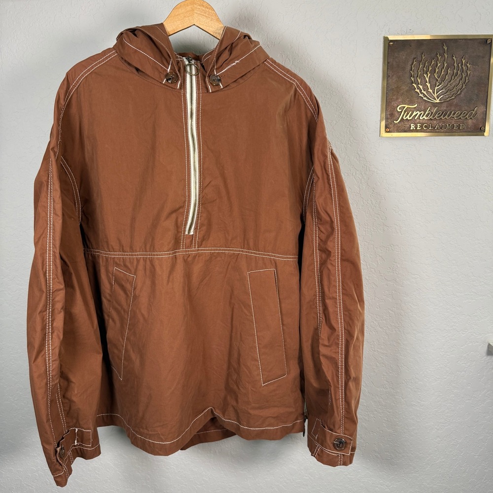 ZARA Women Brown Contrasting Stitch‎ Quarter Zip Hooded Anorak Jacket L XL